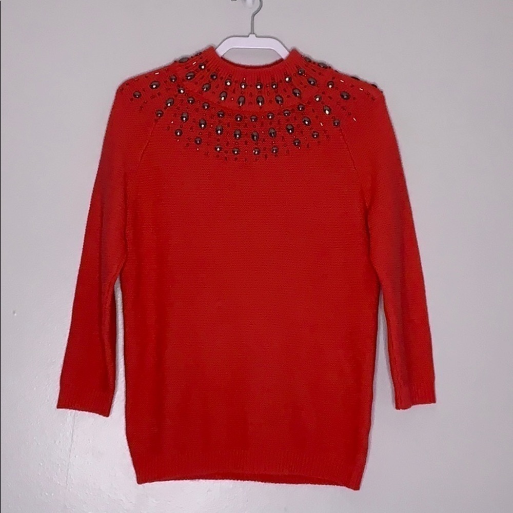 NY & Co embellished mock neck guava sweater small
